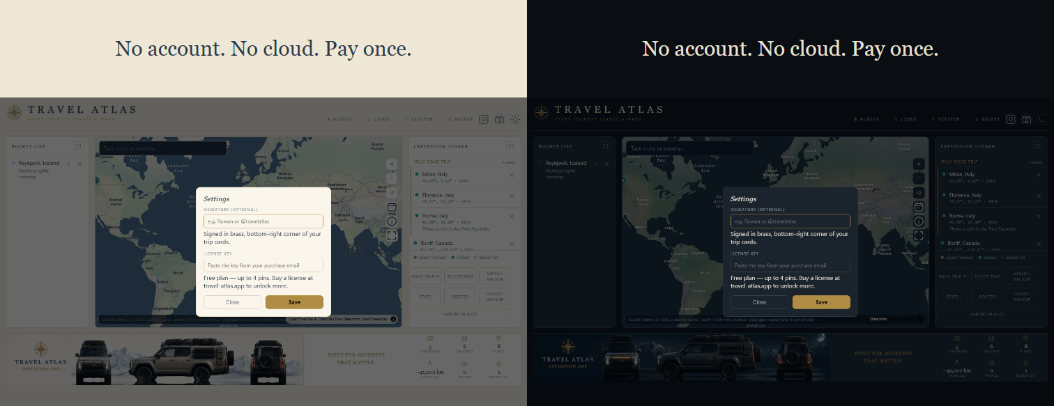 Settings screen showing the only field in the app is an optional signature, shown in both light and dark theme