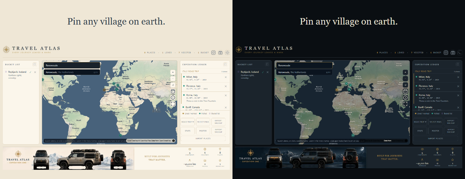 Search finding a small village, shown in both light and dark theme