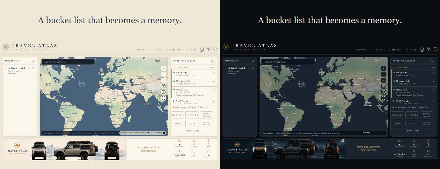 Bucket list panel, shown in both light and dark theme