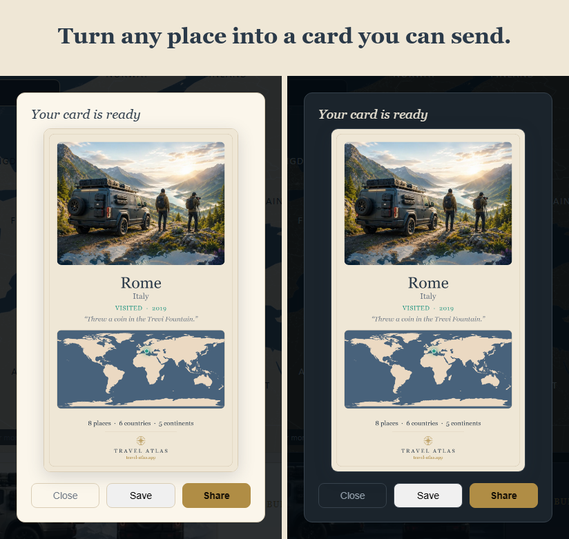 A trip card ready to share, shown in both light and dark theme