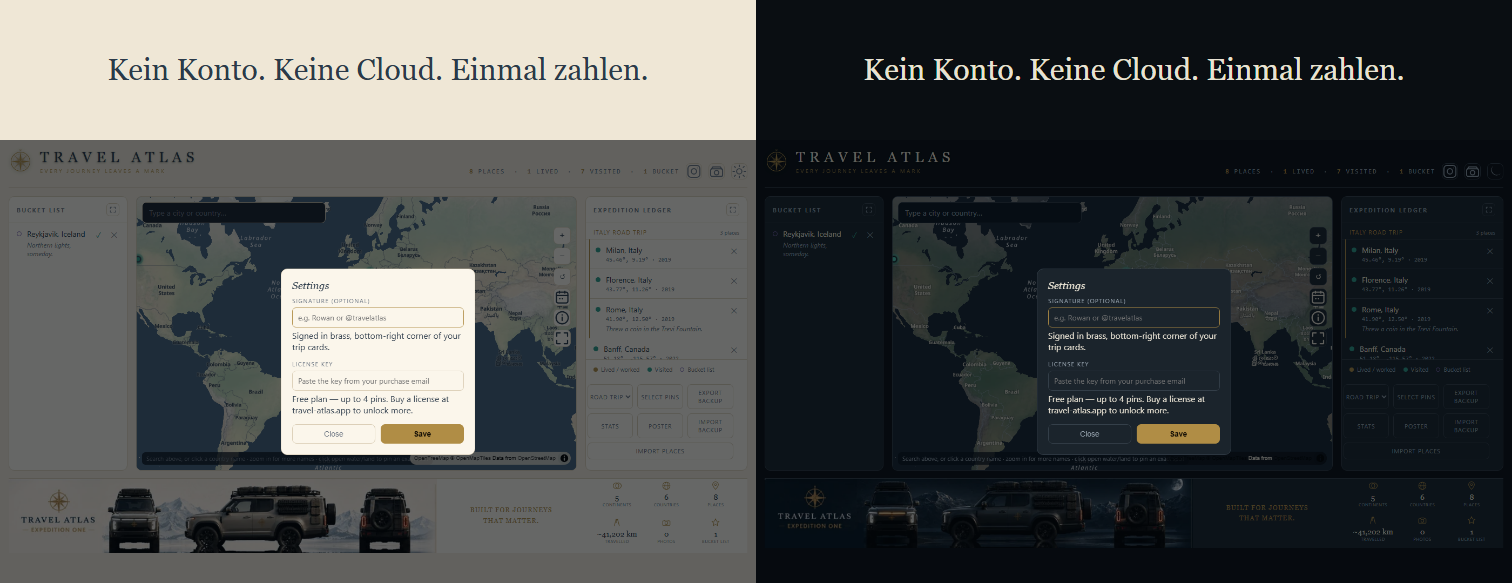 Einstellungen-Bildschirm zeigt, dass das einzige Feld in der App eine optionale Signatur ist, in hellem und dunklem Design gezeigt