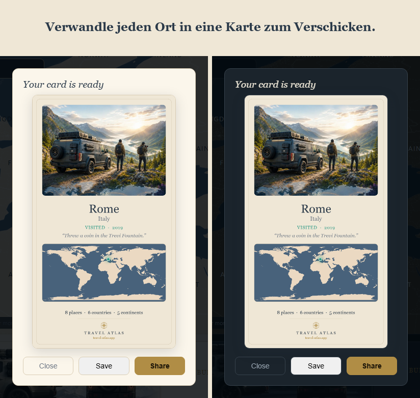 Eine Reisekarte bereit zum Teilen, in hellem und dunklem Design gezeigt